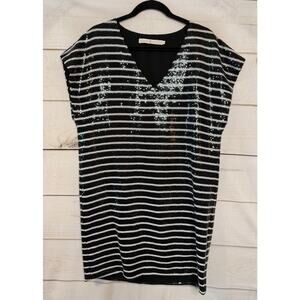 Marie Oliver Dress M Navy White Stripes Sequins New Years Party Cocktail